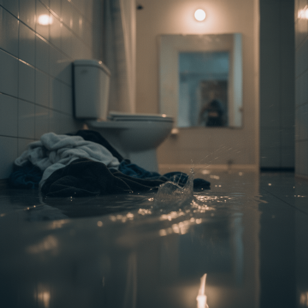 Überschwemmtes Badezimmer mit Handtüchern am Boden