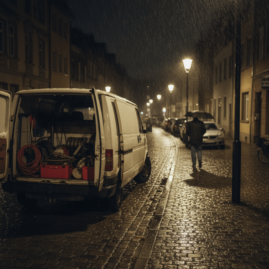 Einsatzfahrzeug bei Nacht in einer Wohnsiedlung